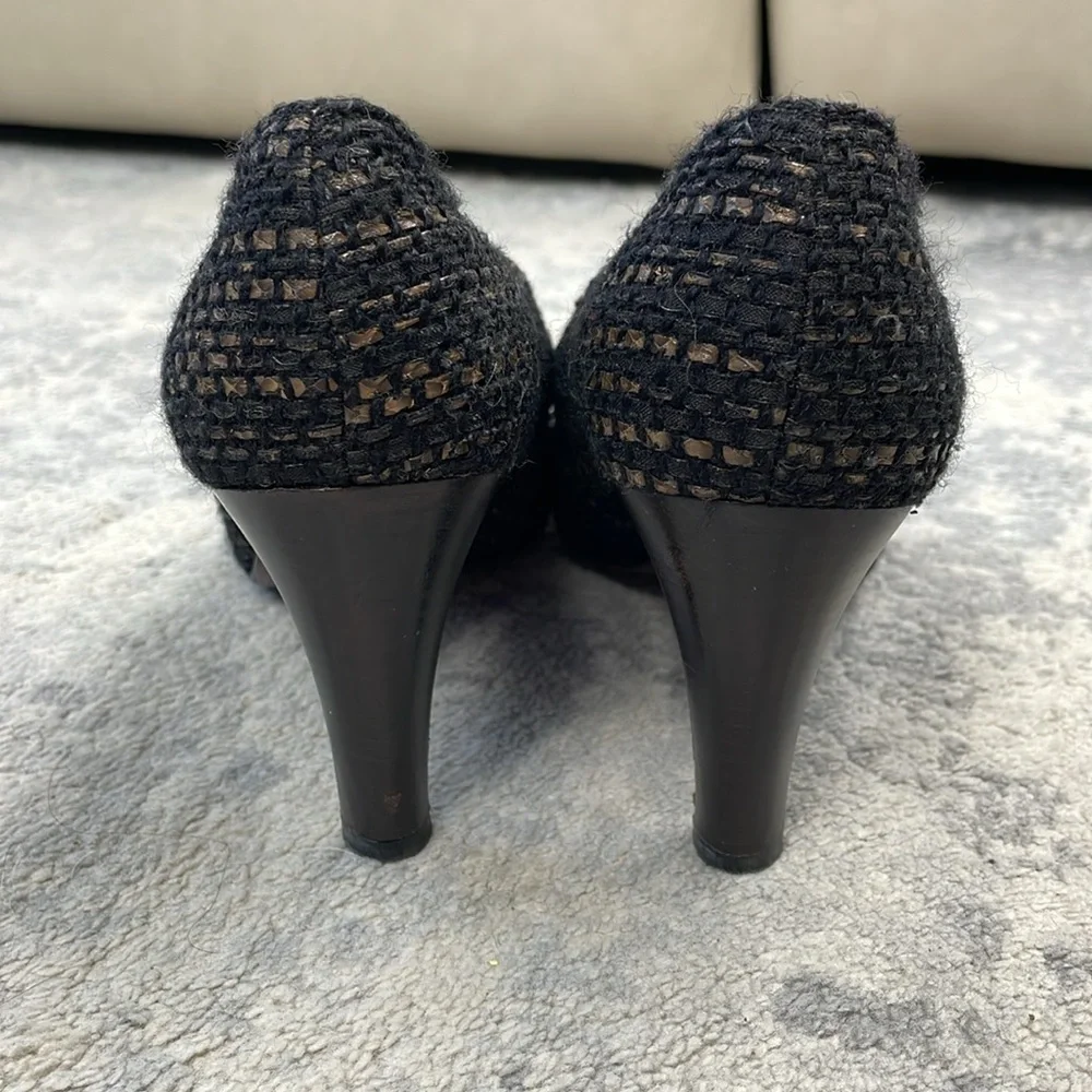 Vintage Chanel Tweed Squared Pointed Toe Lace Up Oxford Heels Sz 39.5
